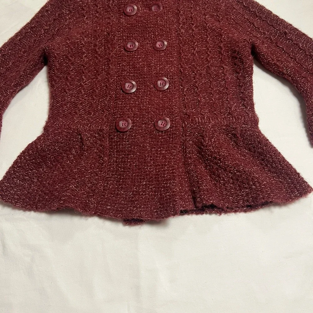 Caslon Alpaca Chunky Knit Peplum Sweater Womens 5 Bell Sleeve Mock Neck Burgundy - Picture 5 of 16